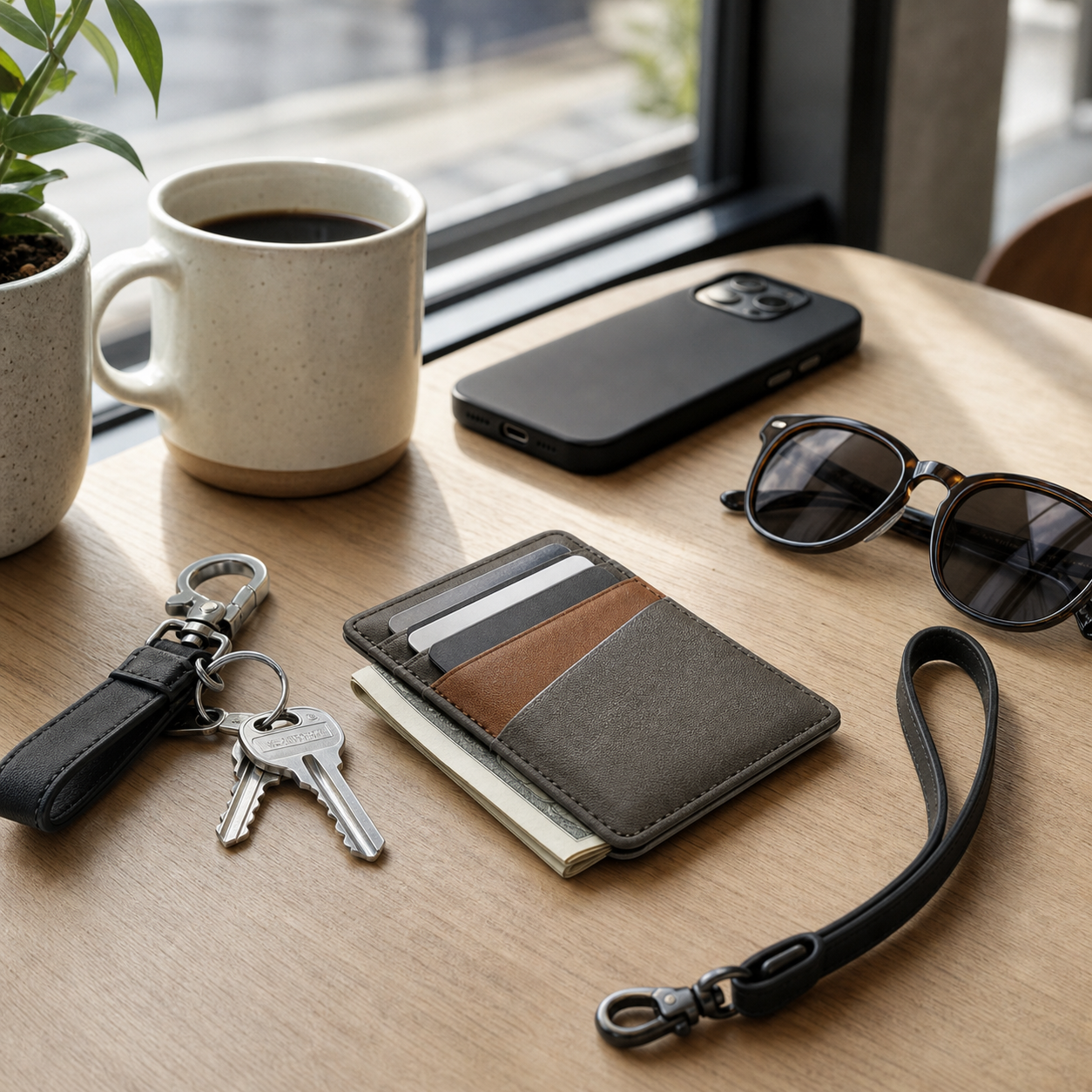 Non-branded commuter cafe table with wallet, keys, lanyard, and sunglasses