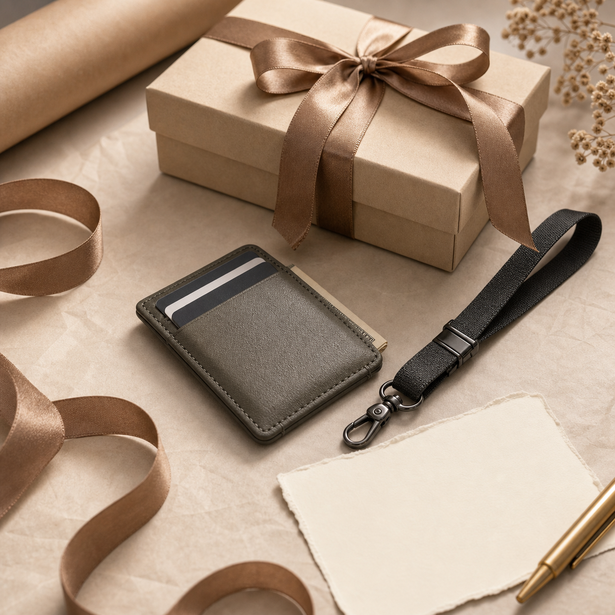 Non-branded gift planning setup with small wallet, lanyard, ribbon, and box