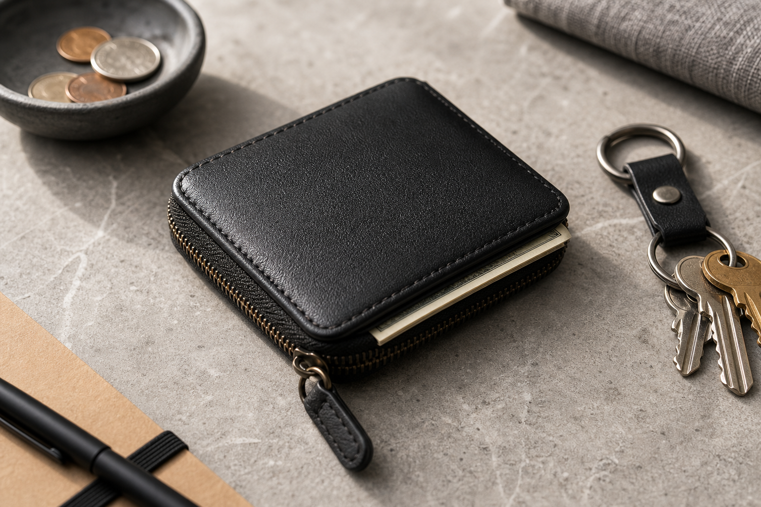 Non-branded black compact zip wallet with keys and coins
